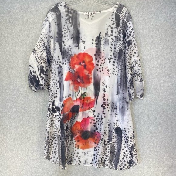 Jess & Jane Women's Tunic White Red Poppy Sequin Sheer Cheetah Asymmetrical XL - Picture 3 of 14
